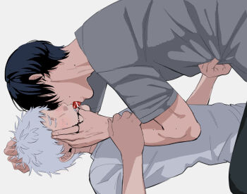 2boys black_hair blush closed_eyes commentary_request french_kiss from_side grabbing_another&#039;s_hair grey_shirt highres hikaru_ga_shinda_natsu holding_another&#039;s_hair indou_hikaru k1tr_jun kiss male_focus mole mole_on_arm mole_on_cheek mole_on_neck mole_under_mouth multiple_boys multiple_moles shirt short_eyebrows short_hair simple_background tsujinaka_yoshiki white_background white_hair white_shirt yaoi