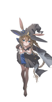 1girl amiya_(arknights) amiya_(medic)_(arknights) amiya_(medic)_(solo_around_the_world)_(arknights) animal_ears arknights black_pantyhose blue_eyes blush boots braid breasts brown_hair female_pubic_hair high_heels highres long_hair lower_body navel pantyhose pubic_hair rabbit_ears shaped_pubic_hair simple_background skirt small_breasts solo white_background wohaimeiyou