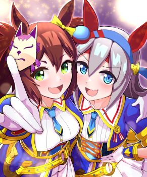 Rule 34 | 2girls, absurdres, animal ears, arm around shoulder, blue corset, blue eyes, blue hairband, blue jacket, blue necktie, blush, bow, breasts, brown hair, collarbone, collared shirt, commentary request, corset, criss-cross strings, cropped jacket, ear covers, ear ribbon, fang, fox mask, fox shadow puppet, glorious azure costume (umamusume), gloves, green eyes, grey hair, hair between eyes, hairband, headband, highres, horse ears, horse girl, horse tail, inari one (umamusume), jacket, large breasts, long hair, looking at viewer, mask, mask on head, multicolored hairband, multiple girls, necktie, open mouth, red headband, shirt, short necktie, short sleeves, skin fang, skirt, small breasts, smile, striped clothes, striped hairband, tail, tamamo cross (umamusume), torinosukei, twintails, two-tone hairband, umamusume, very long hair, white gloves, white shirt, white skirt