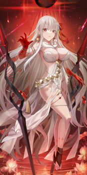 1girl absurdres anklet armlet armpits bare_shoulders belly_chain blush body_markings bracelet breasts cleavage collarbone colored_skin dress durga_(fate) durga_(first_ascension)_(fate) earrings fate/grand_order fate_(series) flower full_body gradient_skin grey_hair hair_ribbon highres jewelry large_breasts lily_(flower) long_hair looking_at_viewer luzi pelvic_curtain polearm red_eyes red_skin revealing_clothes ribbon sash snake solo stirrup_footwear thumb_ring very_long_hair water weapon white_dress
