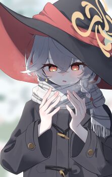 Rule 34 | 1girl, absurdres, black coat, black hat, blue archive, blurry, blurry background, braid, breath, coat, commentary request, duffel coat, eri (blue archive), grey scarf, hair between eyes, halo, hands up, hat, hat ribbon, highres, light blush, long sleeves, looking at hands, medium hair, no ra339, open mouth, outdoors, plaid clothes, plaid scarf, red eyes, red ribbon, ribbon, scarf, solo, upper body, white hair, witch hat, yellow halo