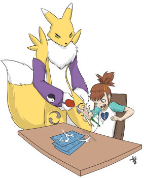 1boy 1girl animal_penis aogami aqua_shirt black_sclera blue_eyes colored_sclera cum cum_on_body cum_on_hair cum_on_table digimon digimon_(creature) digimon_tamers dog_penis ejaculation facial fox_boy furry furry_male furry_with_non-furry highres homework interspecies loli makino_ruki male_masturbation masturbation open_mouth penis ponytail red_hair renamon shirt short_sleeves simple_background source_request t-shirt table tagme two-tone_fur two-tone_shirt white_background white_fur white_shirt yellow_fur