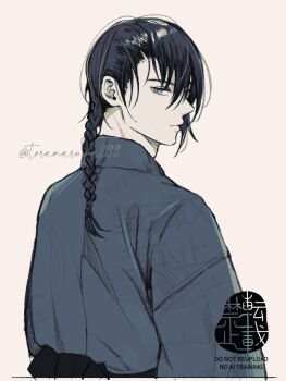 1boy black_eyes blue_kimono braid commentary_request grey_eyes highres japanese_clothes kimono kurosawa_kazuto long_hair looking_at_viewer male_focus nier nier_(series) obi sash simple_background solo twitter_username tyrann upper_body watermark white_background yukata