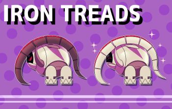 Rule 34 | absurdres, alternate color, character name, closed eyes, closed mouth, commentary, from side, full body, h (user cwtm2784), highres, iron treads, nintendo, no humans, non-humanoid robot, open mouth, outline, pokemon, pokemon (creature), pokemon focus, polka dot, polka dot background, purple background, robot, robot animal, shiny and normal, shiny pokemon, sparkle, white outline