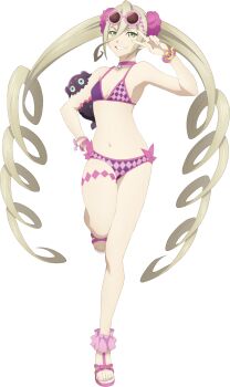 Rule 34 | 1girl, artist request, bikini, blonde hair, bracelet, breasts, checkered bikini, checkered clothes, choker, eyewear on head, full body, game cg, green eyes, hair between eyes, hair ornament, hair scrunchie, hand on own hip, highres, jewelry, long hair, looking at viewer, magilou (summer swimwear) (tales), magilou (tales), official alternate costume, official art, pink bikini, pink choker, pink sandals, pink scrunchie, pointy ears, polka dot, polka dot swimsuit, purple bikini, sandals, scrunchie, small breasts, smile, solo, standing, standing on one leg, sunglasses, swimsuit, tales of (series), tales of asteria, tales of berseria, teepo (tales), third-party source, transparent background, v, very long hair