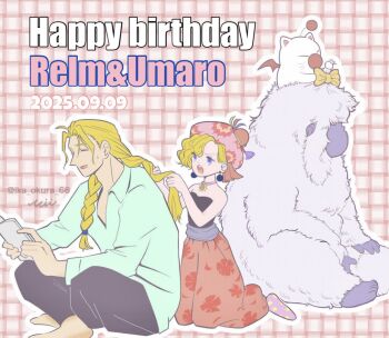 1boy 1girl :o bare_shoulders barefoot beret black_pants black_shirt blonde_hair blue_skin book braid braiding_another&#039;s_hair braiding_hair character_name choker closed_eyes collared_shirt colored_skin dated earrings edgar_roni_figaro final_fantasy final_fantasy_vi floral_print_pants green_shirt hairdressing happy_birthday hat holding holding_book ika_okura_66 indian_style jewelry kneeling long_hair long_sleeves mog moogle open_book open_mouth pants pink_hat print_socks purple_eyes purple_sash purple_socks red_pants relm_arrowny sash shirt short_hair single_braid sitting smile socks strapless strapless_shirt sweatdrop twitter_username umaro waist_sash white_fur