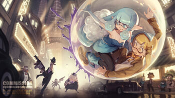 .96_gal_(splatoon) 3girls 4boys biahnyang black_hat black_pantyhose blonde_hair blue_dress blue_eyes blue_hair blurry blurry_background blush bow bowtie breasts bubble car character_request city city_lights cleavage commentary commission dress english_commentary fang fingerless_gloves gloves gun hair_ornament hat highres holding holding_gun holding_weapon ink inkling inkling_boy inkling_girl inkling_player_character jellyfish_(splatoon) leg_warmers medium_breasts motor_vehicle multiple_boys multiple_girls night nintendo outdoors paint pantyhose splatoon_(series) splatoon_3 watermark weapon wide-eyed x_hair_ornament yellow_bow yellow_bowtie yellow_eyes