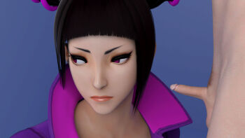 1boy 1girl 20s 3d artist_name black_hair blender_(medium) blue_background blunt_bangs bodysuit bored capcom catsuit clothed_female_nude_male dpmaker drill_hair erection han_juri hetero high_collar highres kneeling looking_at_penis looking_away multicolored_bodysuit nude penis pink_bodysuit pink_eyes purple_bodysuit short_hair sidelocks simple_background small_penis solo_focus standing street_fighter street_fighter_v testicles twin_drills uncensored