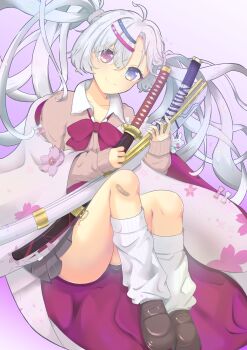 Rule 34 | 1girl, absurdres, ahoge, asymmetrical bangs, bow, bowtie, brown sweater, collared shirt, commentary request, grey eyes, grey hair, heterochromia, highres, holding, holding sword, holding weapon, katana, long hair, murasaki (reverseblue), purple eyes, red bow, red bowtie, reverseblue x re-birthend, shirt, solo, sweater, sword, twintails, weapon, white shirt, zxap8347