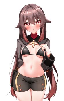 1girl absurdres black_bra blush bra breasts brown_hair commentary_request flower-shaped_pupils genshin_impact hair_between_eyes highres hu_tao_(genshin_impact) long_hair long_sleeves looking_at_viewer navel no_headwear open_clothes pia_(botamochinjufu) red_eyes shorts small_breasts solo standing symbol-shaped_pupils thigh_gap twintails underwear white_background