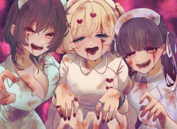 3girls :d baio_rin bead_bracelet beads blonde_hair blood blood_in_hair blood_on_breasts blood_on_clothes blood_on_face blood_on_hands blood_on_neck blood_splatter blue_eyes blush bonnouji_momoha bracelet braid breasts brown_hair cleavage commentary_request facial_mark fangs hair_between_eyes hair_ornament hair_ribbon half-closed_eyes hat heart heart_facial_mark heart_hair_ornament highres jewelry kedarui_aashii kimi_no_koto_ga_dai_dai_dai_dai_daisuki_na_100-nin_no_kanojo large_breasts long_hair looking_at_viewer mark_under_eye medium_hair multicolored_hair multiple_girls nail_polish nurse nurse_cap oknomyk one_side_up open_mouth outstretched_arms puffy_short_sleeves puffy_sleeves red_eyes red_nails ribbon ring sharp_teeth short_sleeves small_breasts smile teeth twintails two-tone_hair white_ribbon wing_collar zombie_pose