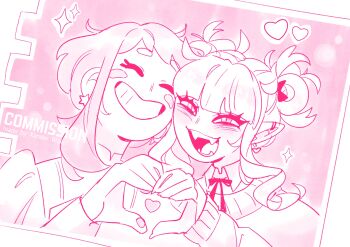 Rule 34 | 2girls, artist name, blush, boku no hero academia, border, commentary, commission, double bun, earrings, english commentary, fangs, hair bun, heart, heart earrings, heart hands, heart hands duo, highres, jewelry, medium hair, monochrome, multiple girls, open mouth, pink background, pink theme, shirt, slit pupils, smile, star (symbol), star earrings, sweater, toga himiko, uraraka ochako, white border, xander wolk, yuri
