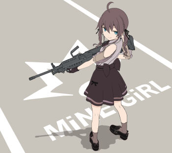 Rule 34 | 1girl, black ribbon, black shoes, blue eyes, bow, skirt bow, braid, brown hair, brown skirt, closed mouth, clothing cutout, collared shirt, commentary, crown braid, drill hair, english commentary, english text, from behind, full body, grey shirt, gun, hair between eyes, hair ribbon, high-waist skirt, highres, holding, holding gun, holding weapon, hololive, light machine gun, long hair, looking back, m249 saw, machine gun, mocha (snowflake), natsuiro matsuri, natsuiro matsuri (casual), official alternate costume, official alternate hairstyle, puffy short sleeves, puffy sleeves, ribbon, see-through clothes, see-through sleeves, shirt, shoes, short sleeves, shoulder cutout, skirt, smile, socks, solo, standing, twin drills, twintails, virtual youtuber, weapon, weapon request