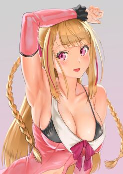 Rule 34 | 1girl, :d, arm up, armpits, bare shoulders, bikini, bikini top only, black bikini, blonde hair, blunt bangs, blush, braid, breasts, cleavage, clothing cutout, coconoe conono, collarbone, detached sleeves, dokiyuri, dress, female focus, grey hair, highres, large breasts, long sleeves, mochipro, multicolored hair, navel cutout, open mouth, pink dress, pink eyes, pink hair, purple ribbon, ribbon, simple background, smile, solo, straight hair, strap slip, streaked hair, swimsuit, twin braids, upper body, virtual youtuber