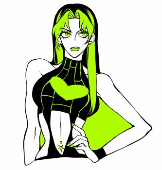 1girl alternate_hairstyle clamchowder55 commentary_request earrings eyelashes green_hair green_lips green_nails halterneck hand_on_own_hip highres jewelry jojo_no_kimyou_na_bouken korean_commentary kuujou_jolyne long_hair looking_to_the_side monochrome navel parted_bangs parted_lips simple_background solo stone_ocean upper_body white_background wristband