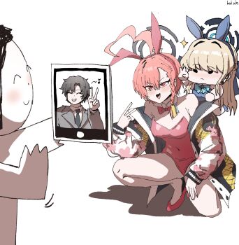 Rule 34 | 1boy, 2girls, animal ears, artist name, black hair, black necktie, blonde hair, blue archive, blue archive the animation, blue halo, blue leotard, bow, bowtie, chibi, commentary, detached collar, doodle sensei (blue archive), fake animal ears, halo, highres, kai xin, leotard, long hair, multiple girls, necktie, neru (blue archive), neru (bunny) (blue archive), official alternate costume, orange hair, playboy bunny, rabbit ears, red bow, red bowtie, red eyes, red leotard, selfie, sensei (blue archive), sensei (blue archive the animation), short hair, simple background, smile, squatting, strapless, strapless leotard, toki (blue archive), toki (bunny) (blue archive), untranslatable commentary, v, white background