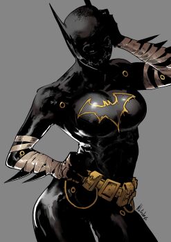 1girl absurdres batgirl batman_(series) belt belt_pouch black_bodysuit black_mask bodysuit breasts cassandra_cain dc_comics grey_background highres kjlbs large_breasts pouch signature simple_background superhero_costume utility_belt wrist_wrap yellow_belt