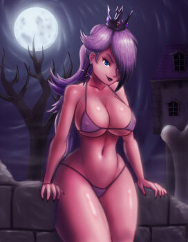Rule 34 | 1girl, alternate costume, bikini, blocks, breasts, crown, curvy, dark sky, female focus, goth fashion, hair over one eye, holding, large breasts, long hair, looking at viewer, mario (series), moon, moonlight, night, nintendo, outdoors, purple bikini, purple hair, purple lips, rosalina, saf-404, saf404, solo, standing, super mario galaxy, swimsuit, thick thighs, thighs