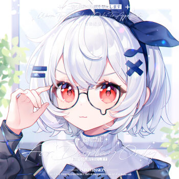 1girl :3 bow commission eyelashes fingernails glasses hair_between_eyes hair_ornament hairband hairclip hairpin highres long_sleeves looking_at_viewer makeup original red_eyes rouge_(makeup) round_eyewear short_hair solo square upper_body watermark yan_an_xi_ye