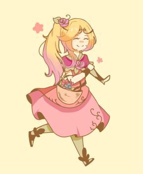 1girl animated animated_gif clenched_hand closed_eyes commentary dress english_commentary flower flower_basket full_body hair_flower hair_ornament kid_icarus kid_icarus_uprising nintendo ponytail red_dress simple_background smile solo vidiri_(1249228) viridi yellow_background