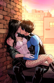 1boy 1girl bare_shoulders batman_(series) black_bodysuit black_footwear black_hair black_jacket black_skirt blue_bodysuit bodysuit boots breasts brick_wall city cleavage closed_eyes corset couple cropped_jacket dc_comics dick_grayson fishnet_pantyhose fishnets gloves hetero highres hug initial jacket justice_league kath_lobo kiss long_hair medium_breasts miniskirt multicolored_bodysuit neck nightwing open_clothes open_jacket outdoors pantyhose pink_sky short_hair sidelocks sitting sitting_on_lap sitting_on_person skirt sky small_breasts straight_hair strapless sunset thigh_boots tim_drake two-tone_bodysuit white_corset white_gloves young_justice zatanna_zatara