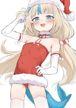 1girl :3 arm_up blonde_hair blue_eyes blue_hair blush commentary covered_navel dress elbow_gloves english_commentary esearu fins fish_girl fish_tail flat_chest fur-trimmed_dress fur-trimmed_headwear fur_trim gloves hand_on_own_hip hat highres indie_virtual_youtuber lifebuoy_hair_ornament loli long_hair low_twintails multicolored_hair one_side_up open_mouth paid_reward_available panties pom_pom_hat_ornament red_dress red_hat red_panties sameko_saba santa_costume santa_dress santa_hat simple_background solo strapless strapless_dress streaked_hair tail teeth thighhighs twintails underwear upper_teeth_only v very_long_hair virtual_youtuber white_background white_gloves white_thighhighs