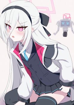 1girl absurdres black_bow black_hairband black_skirt black_thighhighs black_vest blue_archive blush bow bright_pupils buttons collared_shirt commentary cowboy_shot double-parted_bangs ear_blush eyes_visible_through_hair frown hair_between_eyes hair_bow hair_over_shoulder hairband half_updo halo highres jacket kei_(amas)_(blue_archive) kei_(blue_archive) kei_(new_body)_(blue_archive) leaning_forward long_hair long_hair_between_eyes looking_at_viewer miniskirt movingexplosive open_clothes open_jacket open_mouth pink_halo pleated_skirt rectangular_halo red_eyes ringed_eyes school_uniform shirt sidelocks simple_background sitting skirt solo straight_hair thighhighs tsurime very_long_hair vest white_background white_hair white_jacket white_pupils white_shirt zettai_ryouiki
