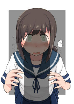 1girl blue_neckerchief blue_sailor_collar blue_skirt blush border brown_hair commentary_request cowboy_shot from_above fubuki_(kancolle) green_eyes grey_background kantai_collection kugui_kiyunemu long_hair looking_at_viewer low_ponytail neckerchief open_mouth outside_border penis_awe penis_shadow pleated_skirt ponytail pov sailor_collar shirt short_sleeves sidelocks simple_background skirt solo sweat white_border white_shirt