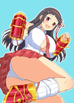 absurdres ass ayame_(senran_kagura) black_hair blue_background blush boots breasts button_gap cleavage detached_sleeves from_below gauntlets hair_ribbon highres johnny_(seek_as_1990sp) large_breasts long_hair looking_at_viewer necktie open_mouth panties pink_necktie pink_ribbon pink_skirt red_eyes ribbon senran_kagura senran_kagura_new_wave shirt sidelocks skirt smile thighs underwear white_panties white_shirt