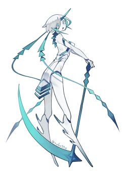 1girl blue_eyes carapace colored_skin full_body highres holding holding_scythe horns looking_at_viewer looking_back monster_girl no_feet original ruteko_(ruko220) scythe short_hair simple_background single_horn solo standing white_background white_hair white_skin