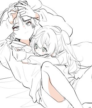 Rule 34 | 1boy, 1girl, book, cellphone, closed mouth, cross-shaped pupils, expressionless, eyelashes, eyeliner, eyeshadow, fingernails, genshin impact, green eyes, hands up, highres, hirarinoie, holding, holding book, knee up, long hair, long sleeves, looking at phone, looking up, lying, lying on person, makeup, monochrome, nahida (genshin impact), on back, outstretched arms, partially colored, phone, pocketbook, pointy ears, reading, red eyeliner, red eyeshadow, sanpaku, scaramouche (genshin impact), shirt, shorts, side ponytail, sidelocks, sketch, symbol-shaped pupils