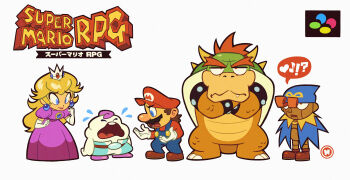 1girl 4boys absurdres blonde_hair blue_eyes blue_overalls bowser brown_hair closed_eyes crying geno_(mario) gloves highres mallow_(mario) mario mario_(series) multiple_boys nintendo nuri_durr overalls princess_peach speech_bubble super_mario_rpg tears teeth upper_teeth_only white_background white_gloves