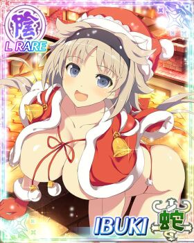 1girl :d bell bent_over bikini black_hairband border breasts brown_hair capelet card_(medium) character_name chimney christmas covered_erect_nipples fur-trimmed_bikini fur-trimmed_capelet fur-trimmed_gloves fur-trimmed_headwear fur_trim game_cg gloves grey_eyes hairband hat ibuki_(senran_kagura) large_breasts long_hair looking_at_viewer low_twintails night no_bra official_art on_roof open_mouth red_bikini red_capelet red_gloves red_hat santa_bikini santa_costume santa_hat senran_kagura senran_kagura_new_wave skindentation smile snowing solo swimsuit third-party_source twintails