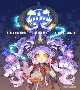 1girl black_hat black_robe cowboy_shot gradient_background halloween hat nakayama_tooru original purple_eyes purple_hair robe simple_background solo trick_or_treat witch_hat