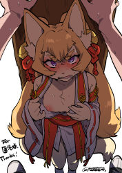 Rule 34 | 1girl, against wall, animal ear fluff, animal ears, artist name, blonde hair, blush, body fur, claws, clothes pull, commentary request, detached sleeves, flat chest, fox ears, fox girl, fox tail, furry, furry female, hands up, highres, japanese clothes, kabedon, long hair, long sleeves, looking at viewer, miko, nipples, one breast out, open mouth, original, pov, purple eyes, shirt pull, simple background, slit pupils, solo focus, standing, sweat, tail, teko (tawake), thick eyebrows, twintails, twitter username, very long hair, white background, wide sleeves, yellow fur