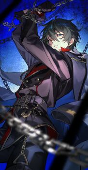 Rule 34 | 1boy, arms up, belt, belt buckle, black gloves, black hair, blue eyes, buckle, buttons, chain, clenched teeth, coat, coat on shoulders, commentary, d misang, earrings, ensemble stars!, from below, gloves, hair between eyes, highres, holding, holding chain, jewelry, kagehira mika, key, lapels, lock, long sleeves, looking at viewer, male focus, notched lapels, official alternate costume, orange eyes, parted lips, short hair, solo, symbol-only commentary, teeth