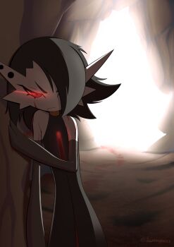 1girl absurdres alternate_color alternate_shiny_pokemon artist_name backlighting bare_shoulders black_dress black_gloves black_hair bleeding blood blood_from_mouth blood_trail cave closed_mouth colored_skin cuts dress elbow_gloves female_focus flat_chest gardevoir gen_3_pokemon gloves glowing glowing_eyes hair_over_one_eye half-closed_eyes hand_on_wall highres injury long_dress looking_at_viewer medium_hair nintendo one_eye_covered plug_(piercing) pokemon pokemon_(creature) red_eyes serious signature sleeveless sleeveless_dress solo twitter_username v-shaped_eyebrows white_skin winkyfaces