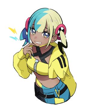 1girl absurdres bandeau belt black_belt canari_(pokemon) commentary_request cropped_jacket grey_eyes grin hand_up happy highres jacket lightning_bolt_symbol long_sleeves mask mask_pull mouth_mask nail_polish nintendo open_clothes open_jacket pants pokemon pokemon_legends:_z-a short_twintails simple_background smile solo teeth tsuki0425 twintails white_background yellow_bandeau yellow_jacket zipper zipper_pull_tab