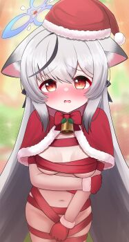 1girl absurdres animal_ear_fluff animal_ears artist_request bell blue_archive blue_halo blush breasts christmas covering_crotch covering_privates female_focus gloves grey_hair halo hat highres kokona_(blue_archive) loli long_hair looking_at_viewer naked_ribbon navel open_mouth orange_eyes red_gloves ribbon santa_hat small_breasts solo standing tiger_ears tiger_girl very_long_hair