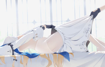 1boy 1girl arched_back bed bingchuan_xian_yu_huang black_gloves blonde_hair blue_sash breasts clothes_pull commentary from_side gloves head_out_of_frame highres knees_up long_hair long_sleeves lying male_rover_(wuthering_waves) medium_breasts on_back on_bed out_of_frame pantyhose phoebe_(wuthering_waves) pulling_another's_clothes rover_(wuthering_waves) sash shirt skirt skirt_pull tacet_mark_(wuthering_waves) very_long_hair white_pantyhose white_shirt wuthering_waves