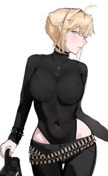 1girl absurdres ahoge artoria_pendragon_(fate) black_leotard black_pants blonde_hair blush braid braided_bun breasts choker commentary covered_navel english_commentary fate/stay_night fate_(series) green_eyes hair_bun highleg highleg_leotard highres jewelry leotard long_sleeves looking_at_viewer medium_breasts necklace pants saber_(fate) salsa_dance sleeved_leotard solo