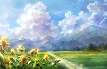 animal blue_sky bug butterfly cloud cloudy_sky commentary_request cumulonimbus_cloud day flower grass insect landscape misaki_yuu_(misaki_1192) mountain mountainous_horizon nature no_humans original outdoors painterly path road rural scenery sky summer sunflower swallowtail_butterfly tree