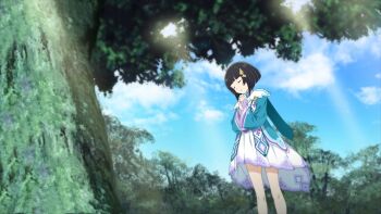10s 1girl black_hair blunt_bangs closed_eyes dress dutch_angle female_focus hair_ornament highres long_hair mole mole_under_eye outdoors premiere_(sao) short_hair sky solo standing sword_art_online sword_art_online:_hollow_realization tree
