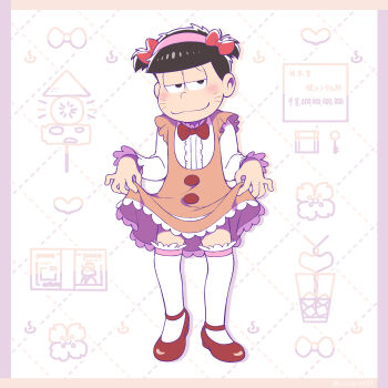 alternate_hairstyle banknote bill_(object) bow bowtie chibimi chibimi_(cosplay) clothes_lift cosplay crazy_straw crossdressing cup curtsey dress drinking_straw facial_mark food frilled_dress frilled_sleeves frills hair_bow heart heart_straw highres jiyuuto_(cocyco) key matsuno_ichimatsu money oden official_style onsen_symbol osomatsu-san osomatsu_(series) red_bow red_bowtie red_footwear shared_drink short_twintails skirt skirt_lift smile twintails whisker_markings