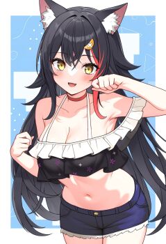 1girl alternate_costume animal_ear_fluff animal_ears arm_up beaterpx black_hair blue_background blue_shorts blush breast_curtain breasts check_clothing choker cleavage clothing_request commentary cowboy_shot crossed_bangs double-parted_bangs fang floral_print food-themed_hair_ornament hair_ornament highres hololive large_breasts lemon_hair_ornament long_hair looking_at_viewer midriff navel ookami_mio open_mouth paw_pose red_choker red_hair shapes short_shorts shorts single_hair_streak skin_fang smile solo spaghetti_strap symbol-only_commentary torn_clothes torn_shorts very_long_hair virtual_youtuber white_background wolf_ears wolf_girl yellow_eyes