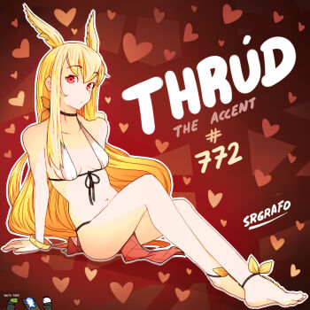 1girl barefoot blonde_hair english_text fate/grand_order fate_(series) pelvic_curtain red_eyes srgrafo thighs thrud_(fate)