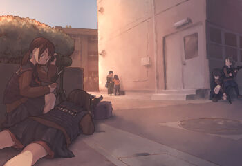 1girl 5girls bag brown_hair cellphone gun handgun hiding load_bearing_vest lying multiple_girls on_stomach on_one_knee original pantyhose phone pistol rifle scarf school_bag school_uniform serafuku shorts_under_skirt smartphone sniper sniper_rifle spotting_scope sunset tessaku_ro valentine weapon