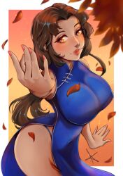Rule 34 | 1girl, absurdres, blue dress, blush, breasts, brown hair, china dress, chinese clothes, collared dress, covered navel, dress, falling leaves, fingernails, highres, hong xiu ying, large breasts, leaf, lips, lipstick, long hair, looking at viewer, makeup, nail polish, orange background, orange eyes, outstretched arm, panty straps, parted bangs, parted hair, pelvic curtain, pink nails, red draws5, shenmue, shenmue ii, side slit, sidelocks, signature, solo, two-tone background, very long hair