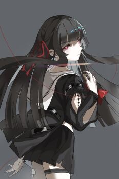 1girl absurdres arm_cutout black_hair black_jacket black_skirt chisa_(wuthering_waves) closed_mouth clothing_cutout cowboy_shot from_side grey_background hair_ribbon hand_up highres jacket long_hair long_sleeves mole mole_under_eye red_eyes red_ribbon ribbon sailor_collar simple_background skirt solo tacet_mark_(wuthering_waves) thigh_strap white_sailor_collar wuthering_waves xiao_mu_ke