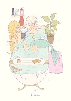 2girls bath bathtub blonde_hair blue_eyes book breasts coldmeow hashtag-only_commentary highres holding holding_book medium_breasts mermaid monster_girl multiple_girls partially_submerged plant potted_plant purple_eyes reverse:1999 same-sex_bathing scales shared_bathing tail vila_(reverse:1999) water wet wet_hair white_hair windsong_(reverse:1999) yuri